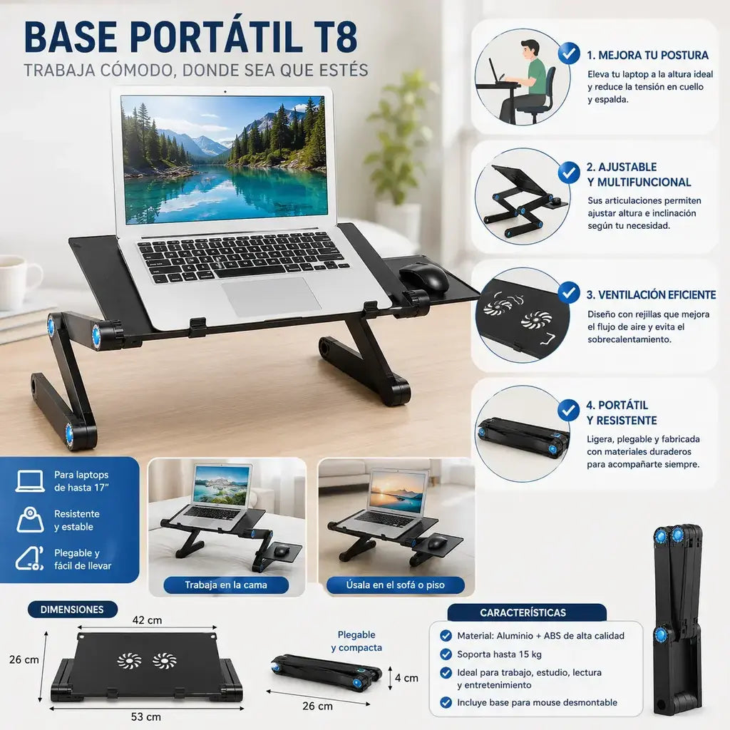 Base portátil ajustable T8 para lapto | soporte plegable multifucional