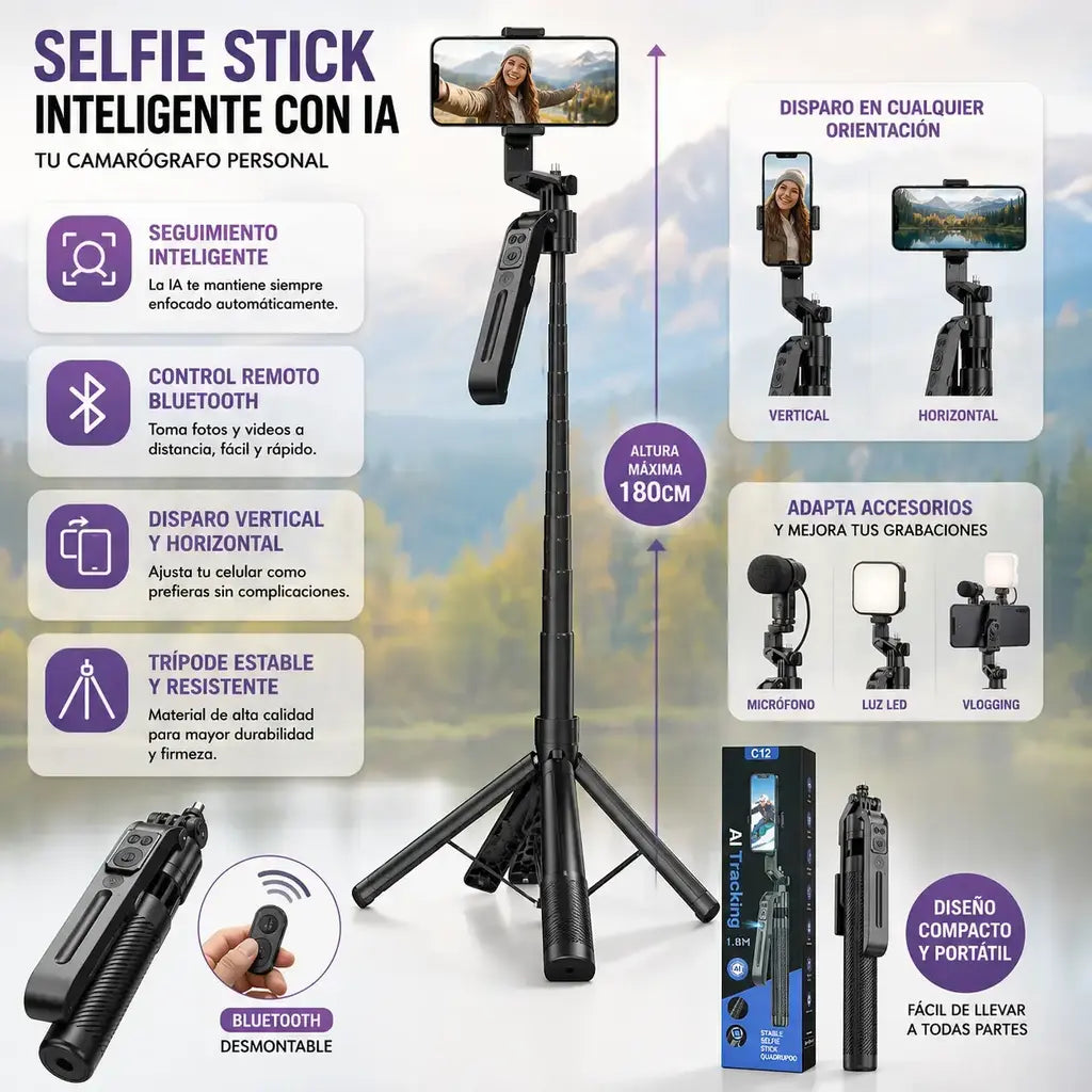 Palo selfie ref C12 con IA | trípode bluetooth 3 en 1 altura max 180 cm