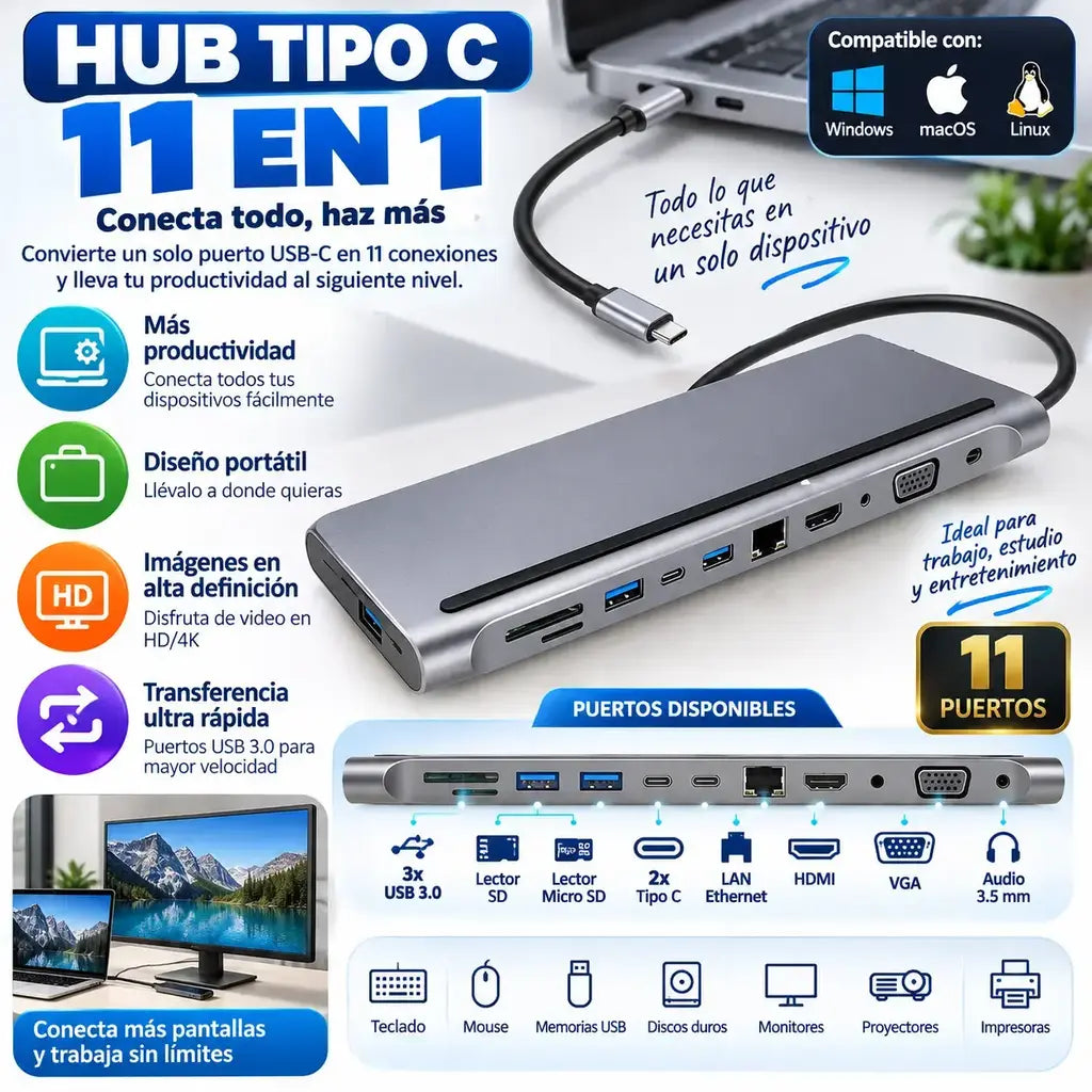 Adaptador convertidor mul tipo C 11 en 1