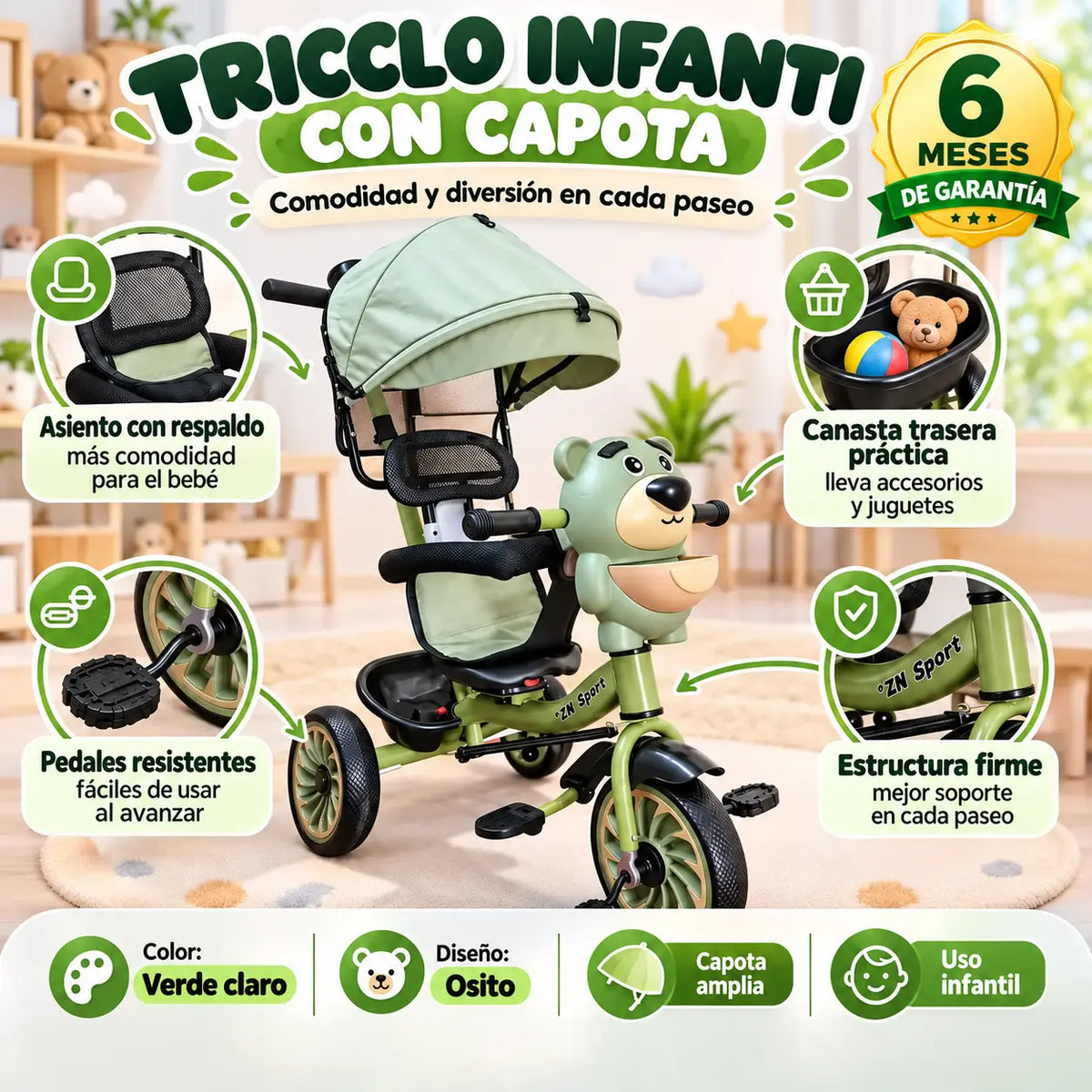 Triciclo infantil multifuncional de osito