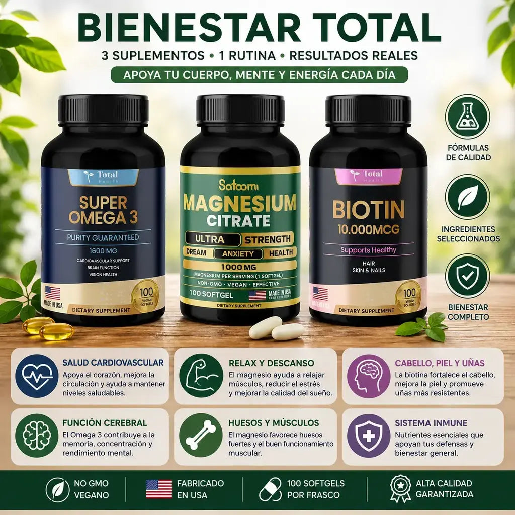 Combo de biotina + súper omega 3 + citrato de magnesio