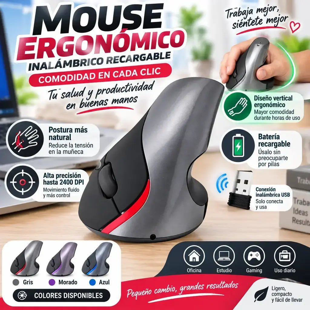 Mouse inhalámbrico ergonómico recargable