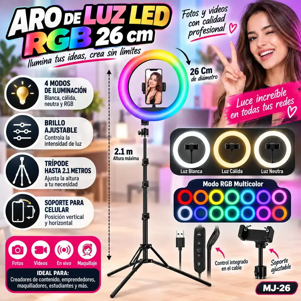 Aro de luz cálida y RGB 26 cm 2.1 m
