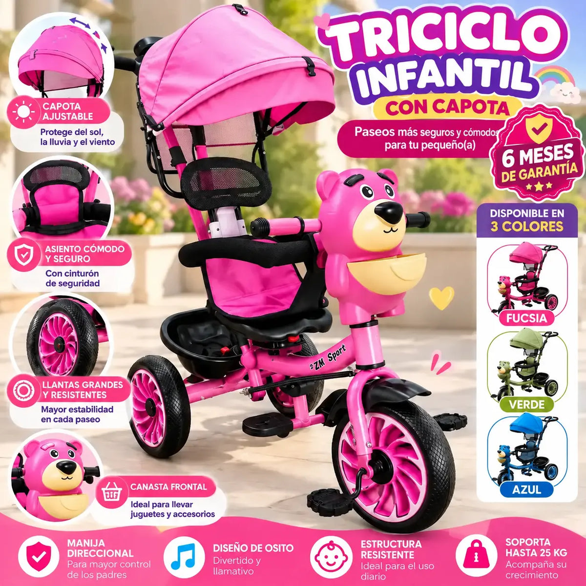 Triciclo infantil multifuncional de osito