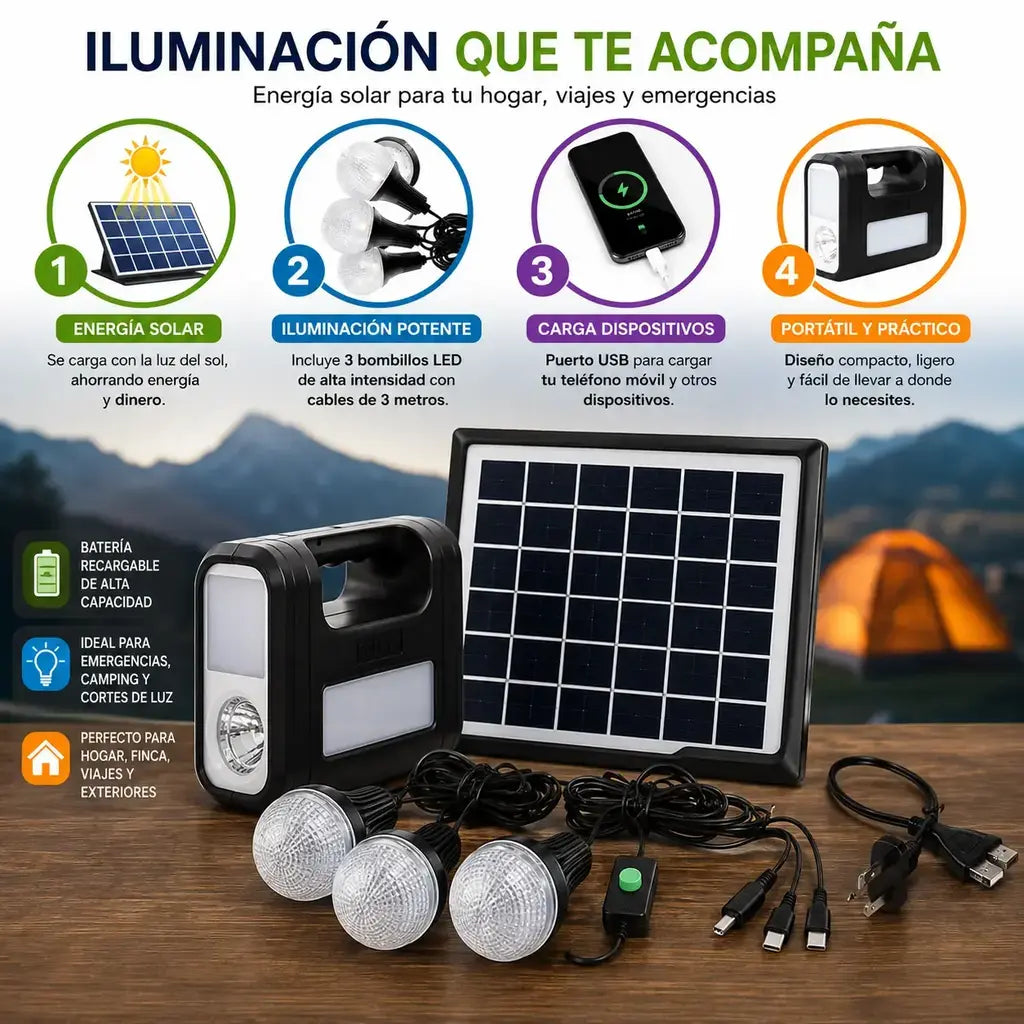 Luz led solar recargable con panel solar y tres bombillos led